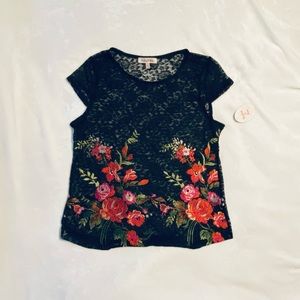 Harlow & Rose Black Lace top with Embroidered Flowers